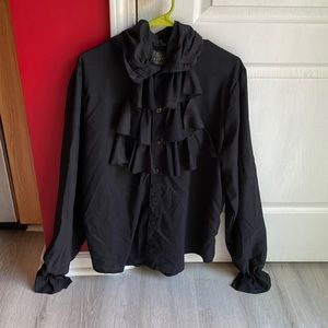Black cosplay ruffled Steampunk button up. Collar and sleeves are ruffled.